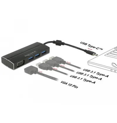 Adattatore USB Type-C - 3x USB 3.0 Tipo-A, 1x VGA (DP Alt Mode) 2